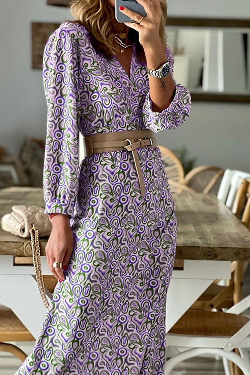 Fashion Print Patchwork V Neck Waist Skirt Dresses - Fashionpara