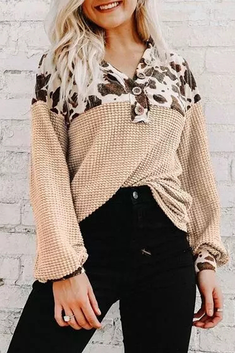Casual Leopard Patchwork V Neck Tops - Fashionpara