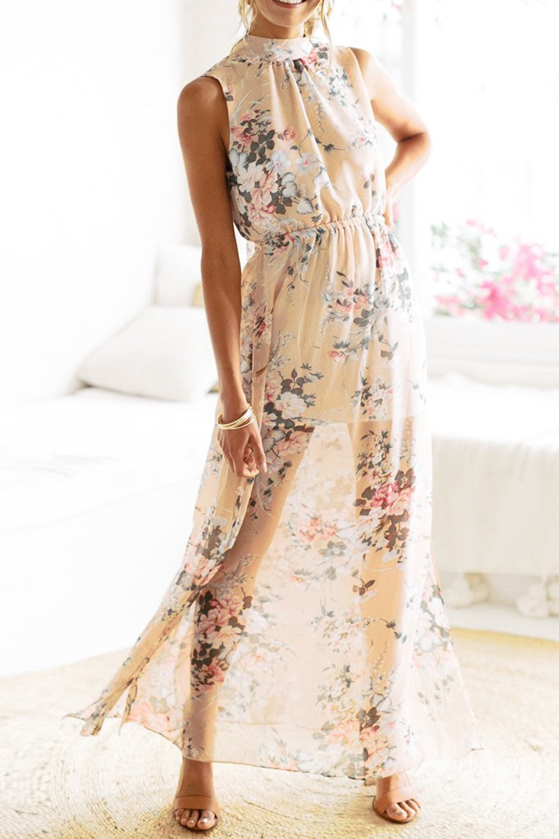 Casual Print Backless Mesh Halter Dresses  Fashionpara