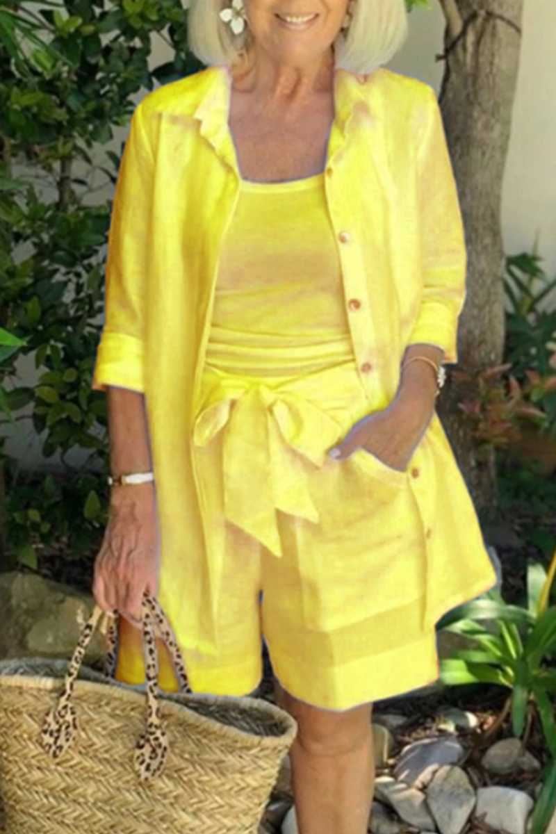 Casual Solid Patchwork Turndown Collar Three Quarter Two Pieces - Fashionpara