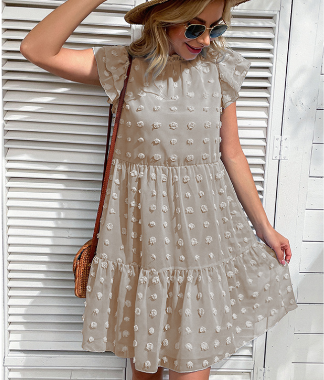 Swiss Dot High Neck Flutter Sleeve Babydoll Mini Dress