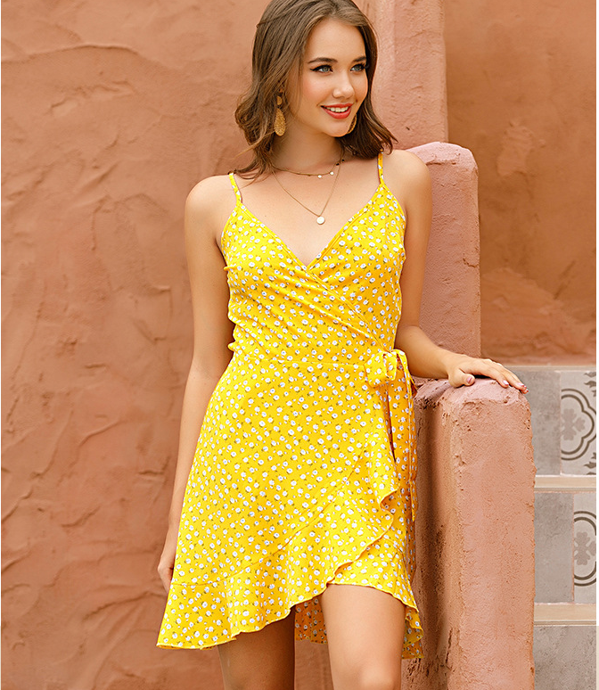Ditsy Floral V-Neck Spaghetti Strap Wrap Ruffle Mini Dress