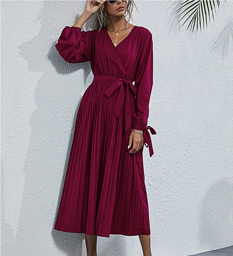 Pleated V-Neck Long Sleeve Wrap Midi Dress