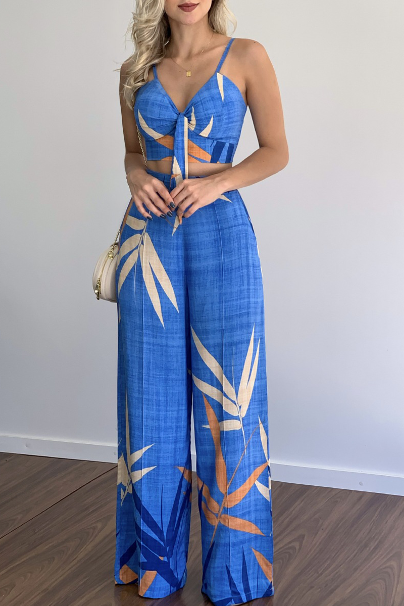 Fashion Print Spaghetti Strap Straight Jumpsuits(5 Colors)