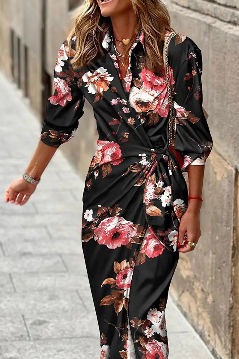 Casual Print Patchwork Turndown Collar Waist Skirt Dresses Fashionpara