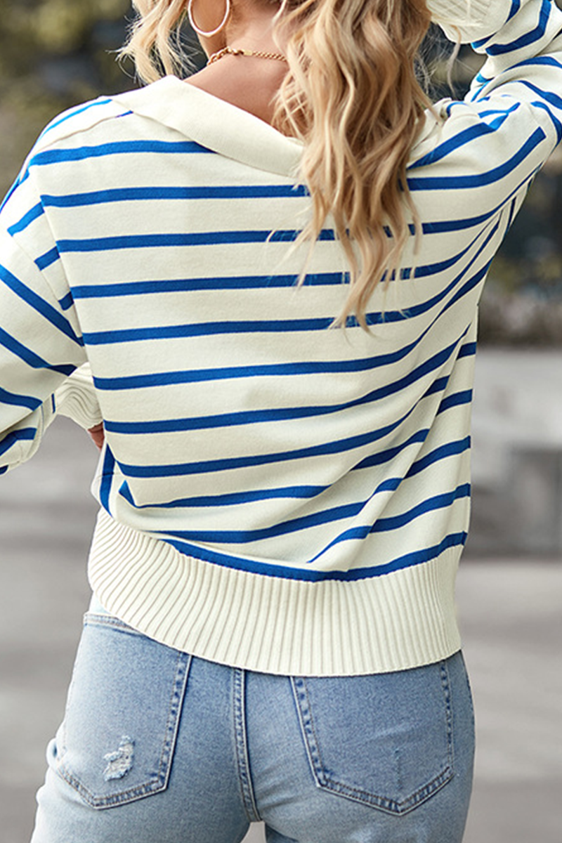 Casual Striped Patchwork Turndown Collar Tops - Fashionpara