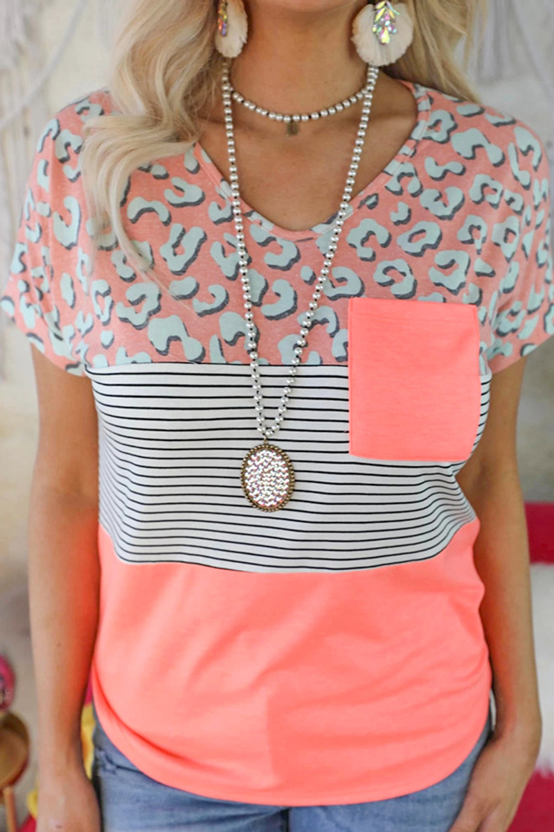 Casual Print Patchwork V Neck T-Shirts - Fashionpara