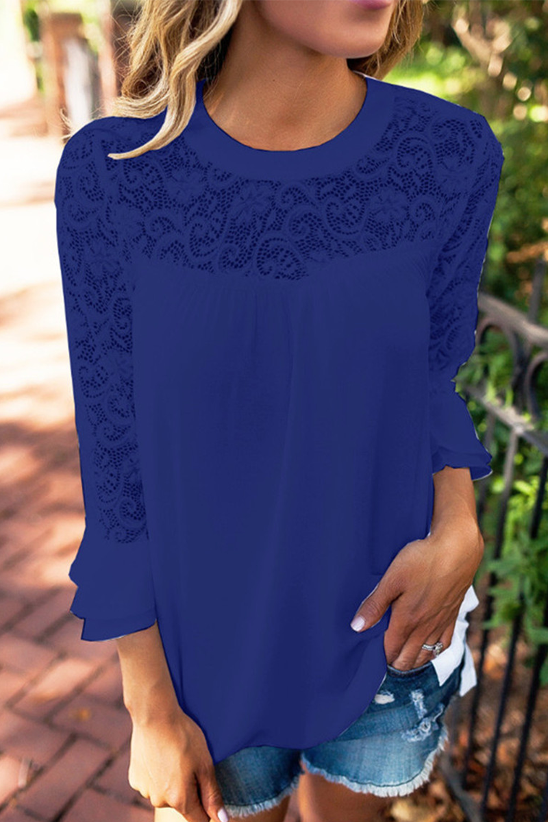 Casual Solid Lace O Neck Tops(4 Colors) - Fashionpara