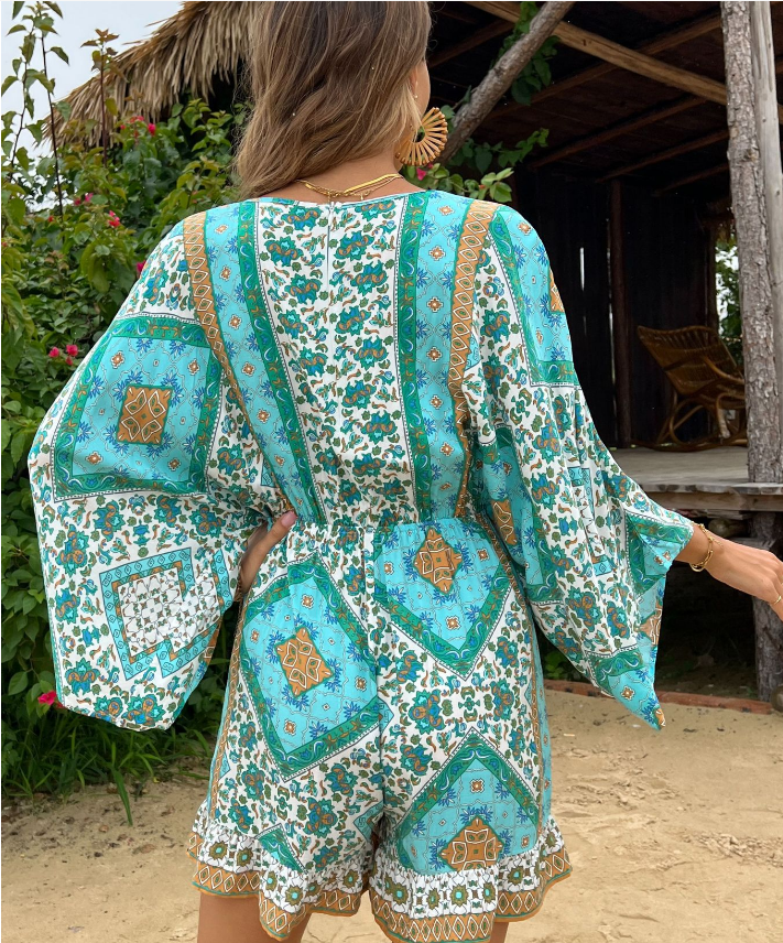Boho Print V-Neck Long Sleeve Tie Waist Mini Dress
