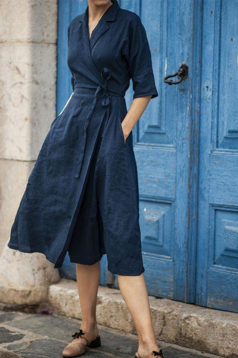 Casual Solid Patchwork Turndown Collar Waist Skirt Dresses - Fashionpara