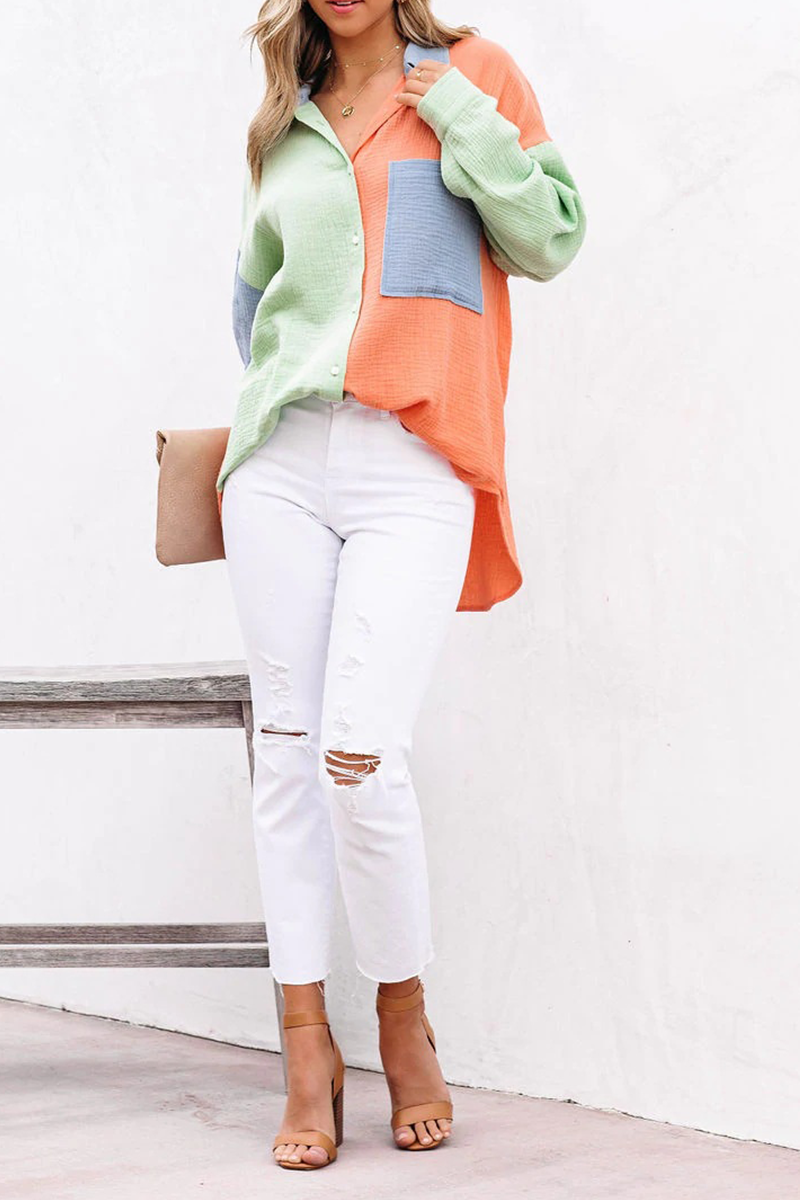 Casual Solid Patchwork Turndown Collar Blouses (4 Colors) - Fashionpara