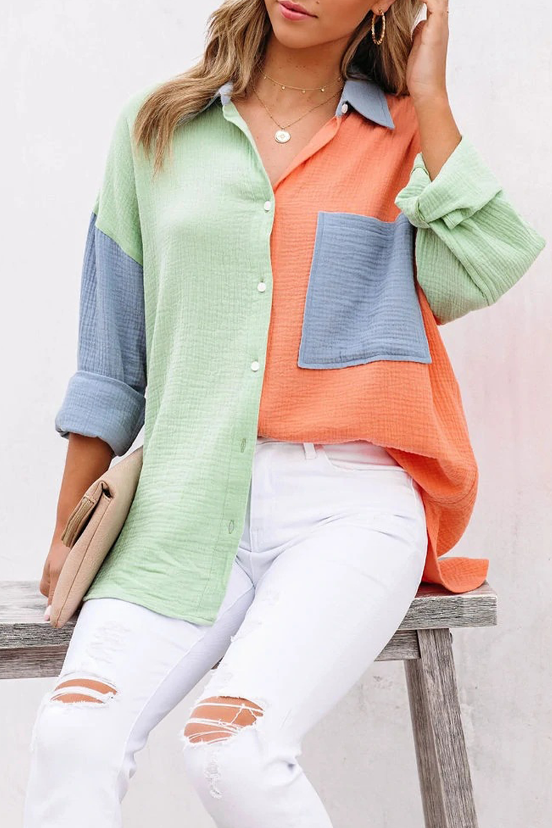 Casual Solid Patchwork Turndown Collar Blouses (4 Colors) - Fashionpara