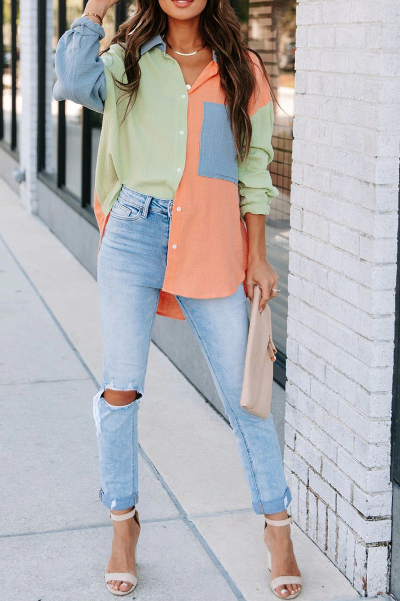 Casual Solid Patchwork Turndown Collar Blouses (4 Colors) - Fashionpara