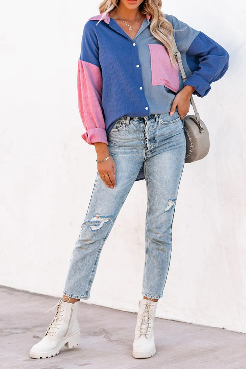 Casual Solid Patchwork Turndown Collar Blouses (4 Colors) - Fashionpara