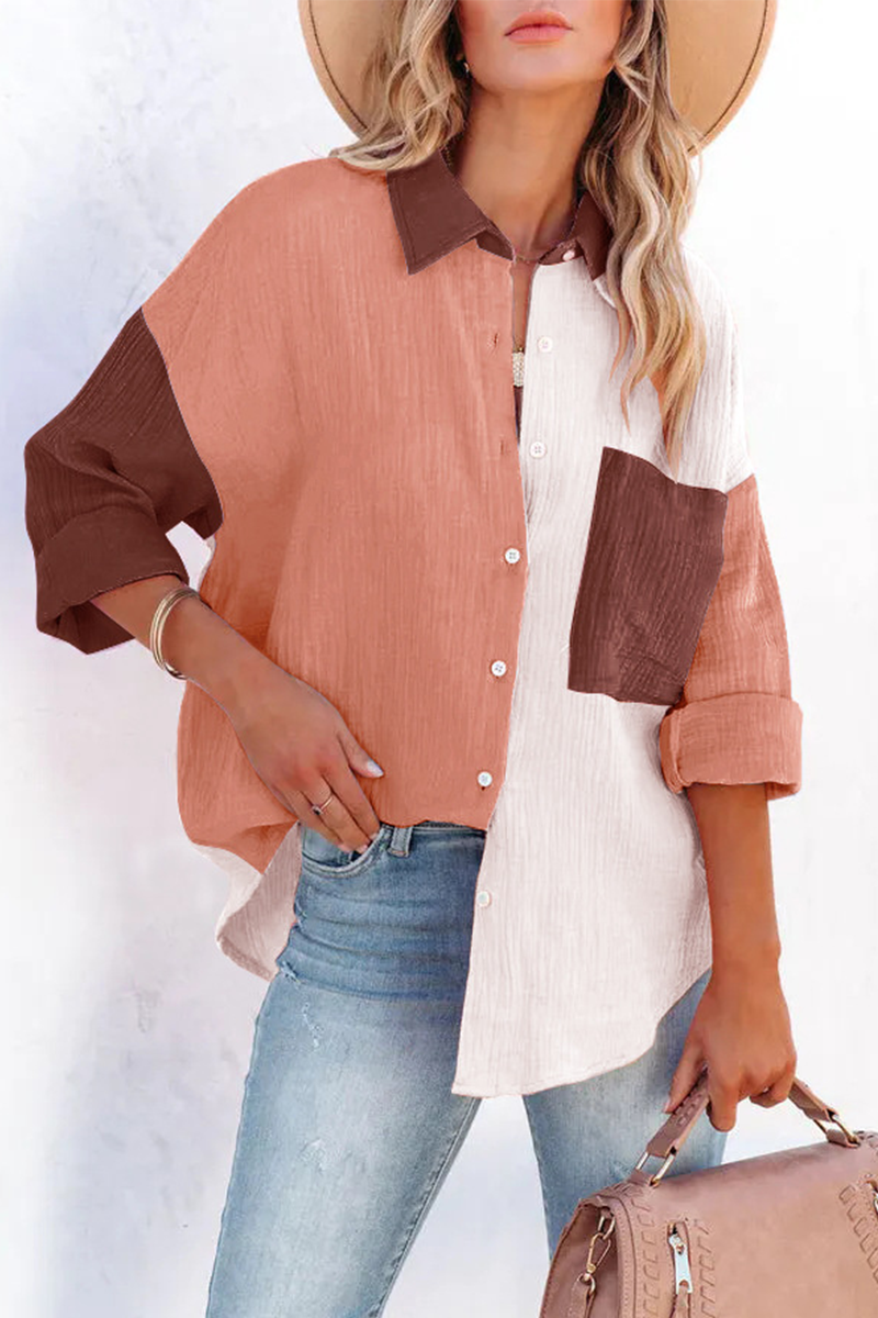 Casual Solid Patchwork Turndown Collar Blouses (4 Colors) - Fashionpara