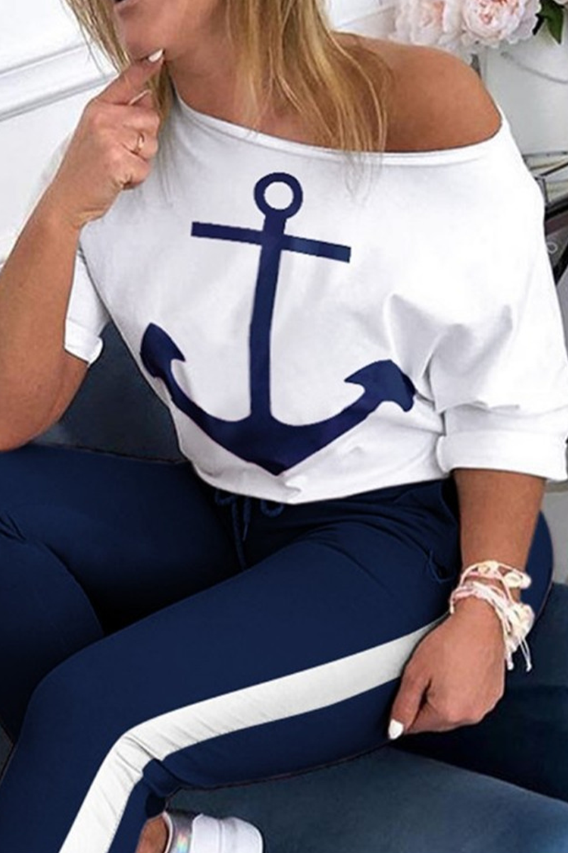 Casual Print Patchwork One Shoulder Half Sleeve Two Pieces - Fashionpara