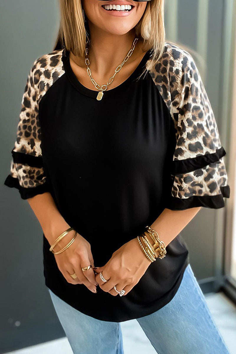 Casual Print Leopard Patchwork O Neck T-Shirts(5 Colors) - Fashionpara