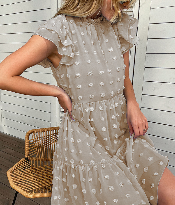 Swiss Dot High Neck Puff Sleeve Tiered Mini Dress