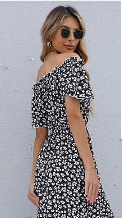 Floral Print Off Shoulder High-Low Midi Dress