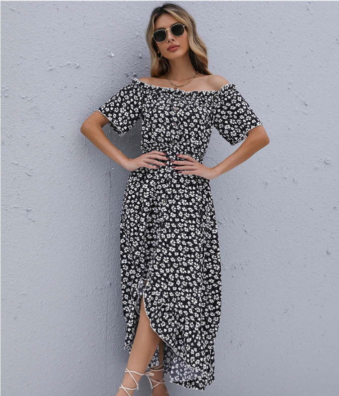 Floral Print Off Shoulder High-Low Midi Dress