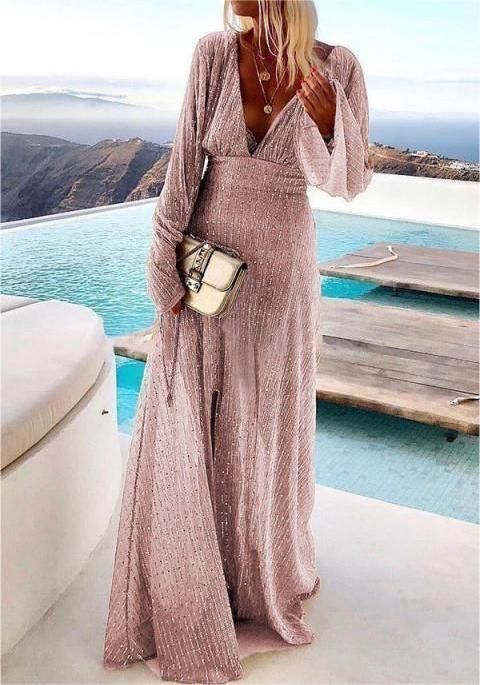 Party Solid Sequins V Neck Evening Dress Dresses Fashionpara