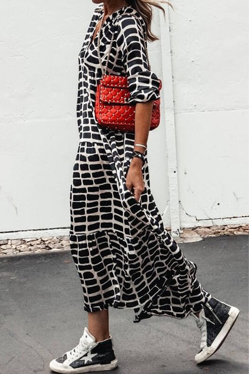 Casual Print Patchwork V Neck Straight Dresses - Fashionpara