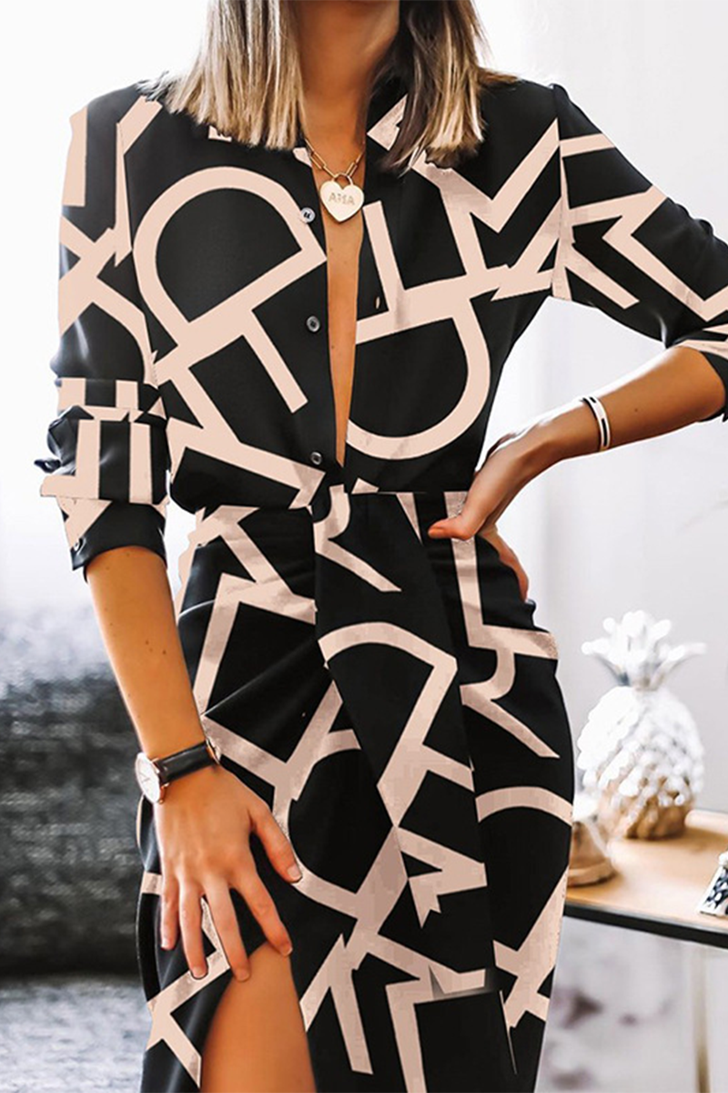 Casual Print Turndown Collar Shirt Dress Dresses