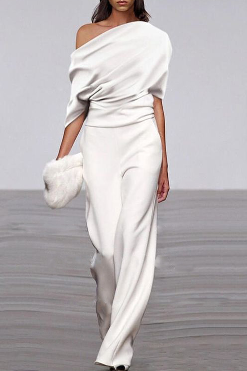 Casual Solid Patchwork One Shoulder Straight Jumpsuits - Fashionpara