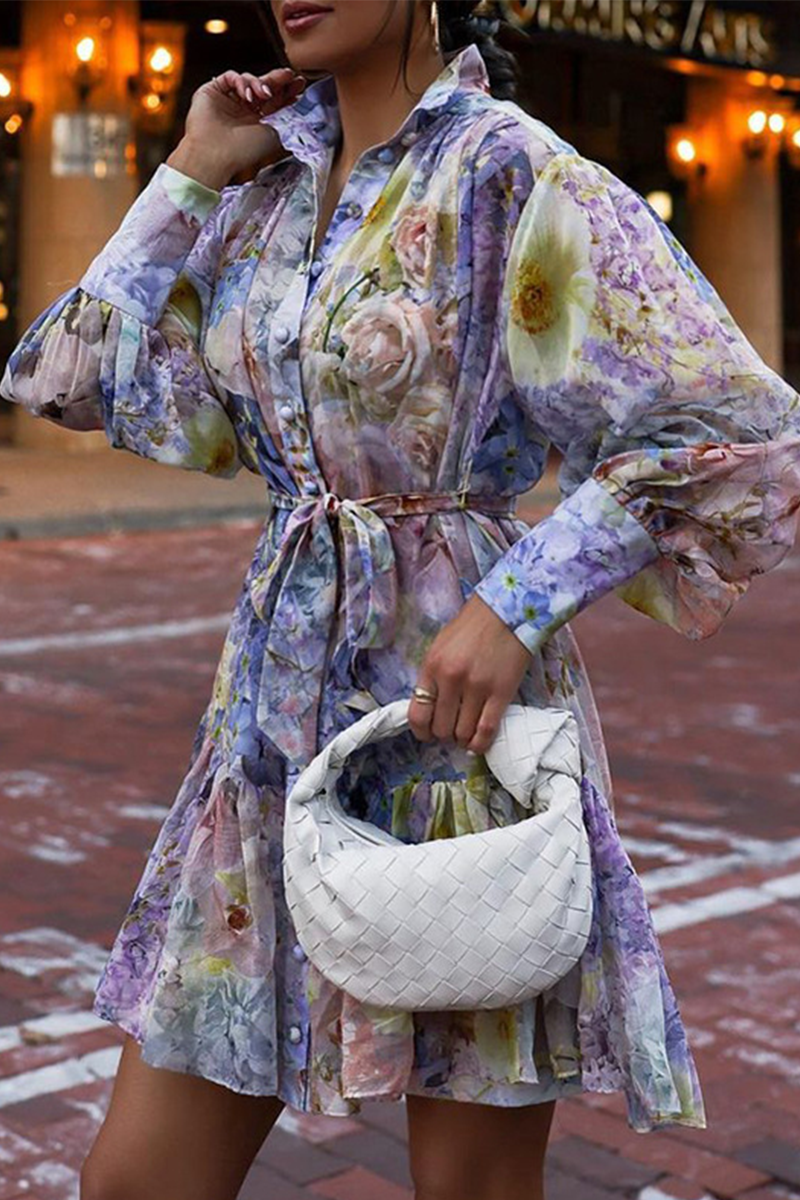 Fashion Print Patchwork Turndown Collar Cake Skirt Dresses - Fashionpara