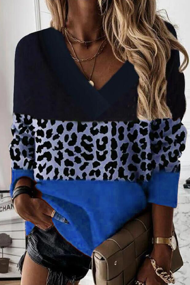 Street Leopard Patchwork V Neck Tops(4 Colors) - Fashionpara