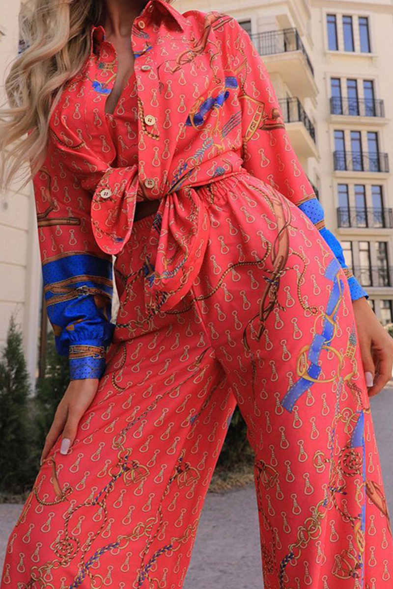 Casual Print Patchwork Turndown Collar Long Sleeve Two Pieces - Fashionpara