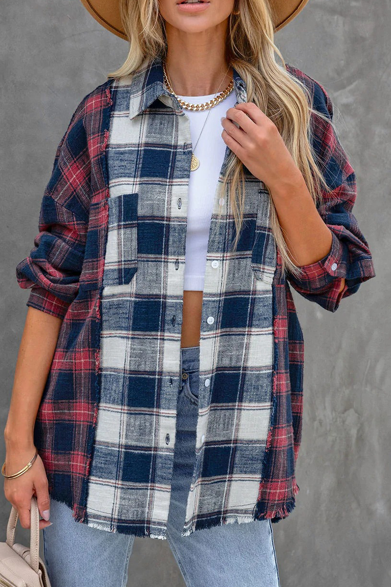 Casual Plaid Patchwork Turndown Collar Tops - Fashionpara