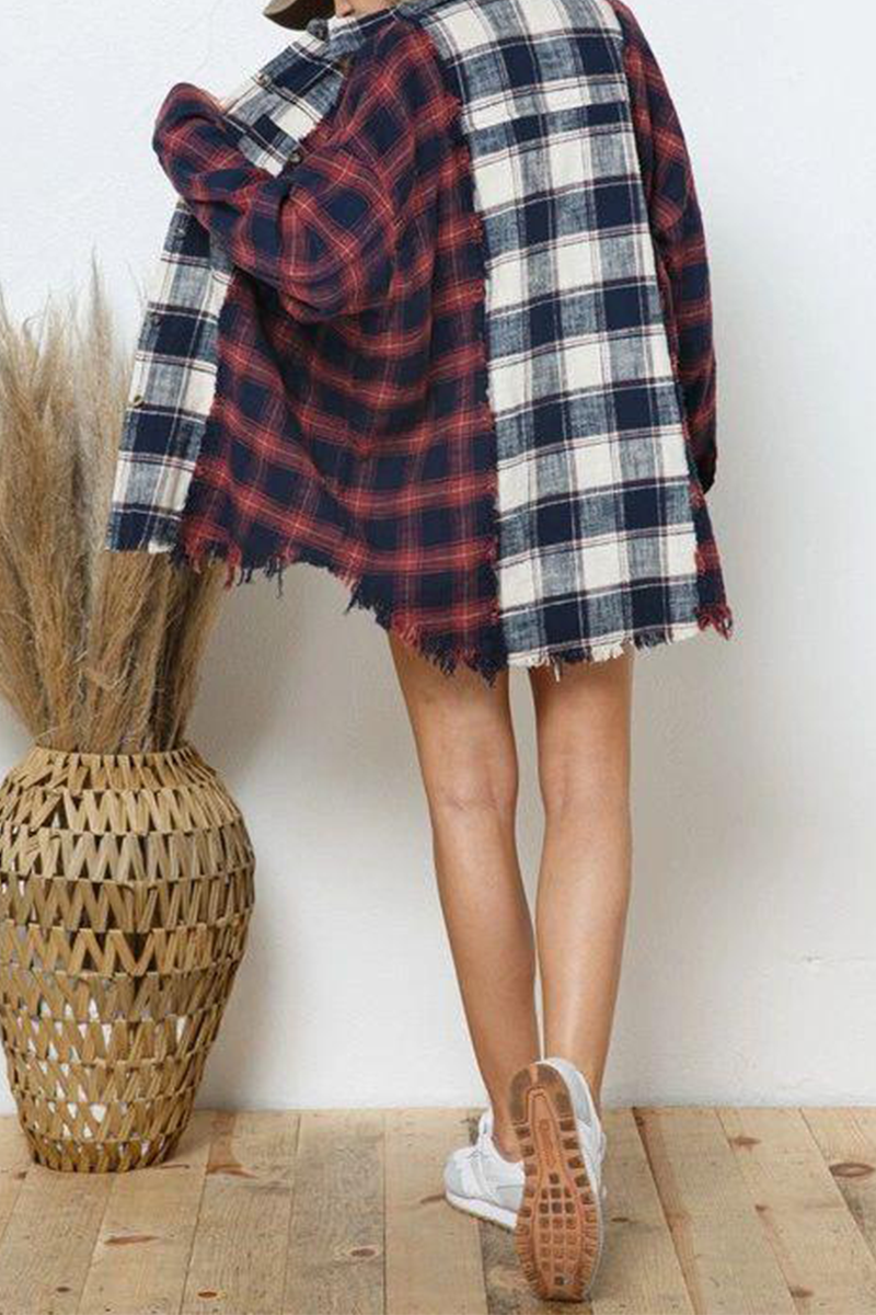 Casual Plaid Patchwork Turndown Collar Tops - Fashionpara