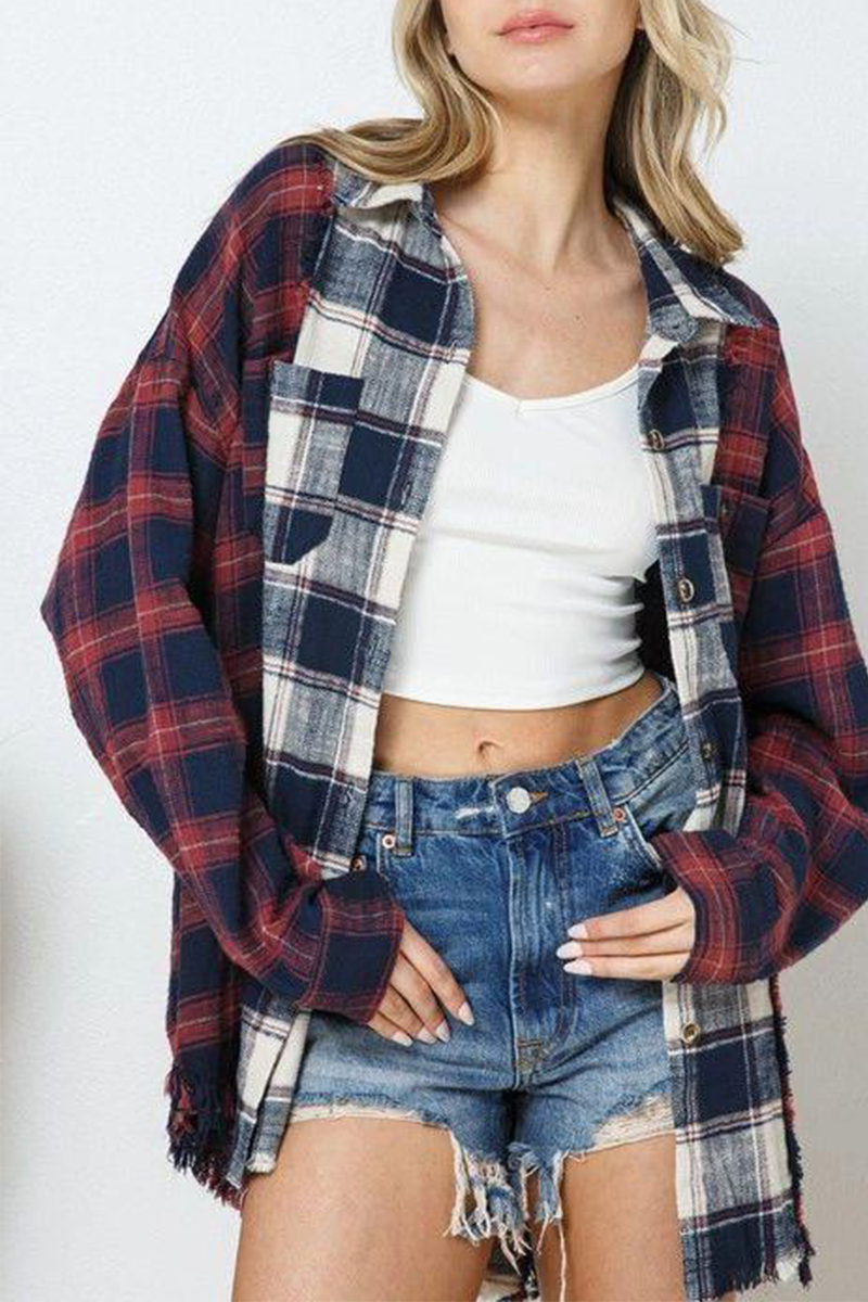 Casual Plaid Patchwork Turndown Collar Tops - Fashionpara