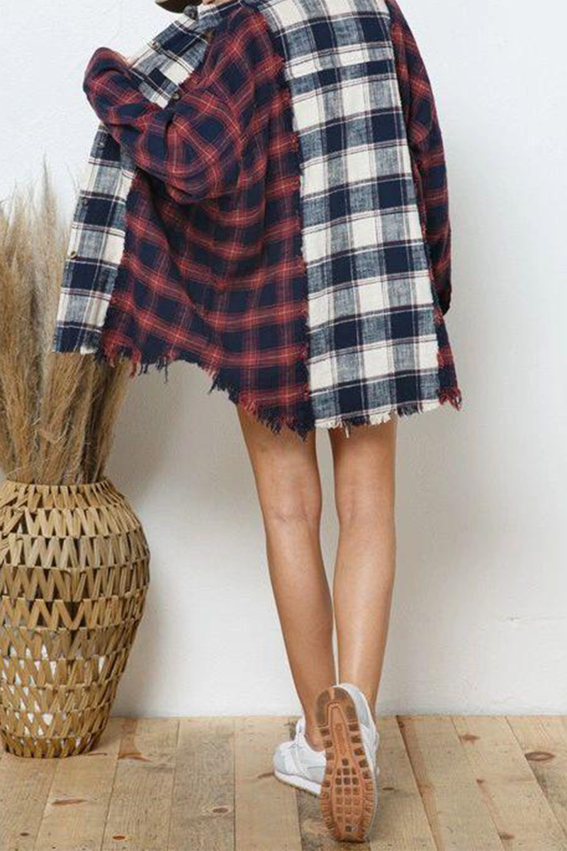 Casual Plaid Patchwork Turndown Collar Tops - Fashionpara