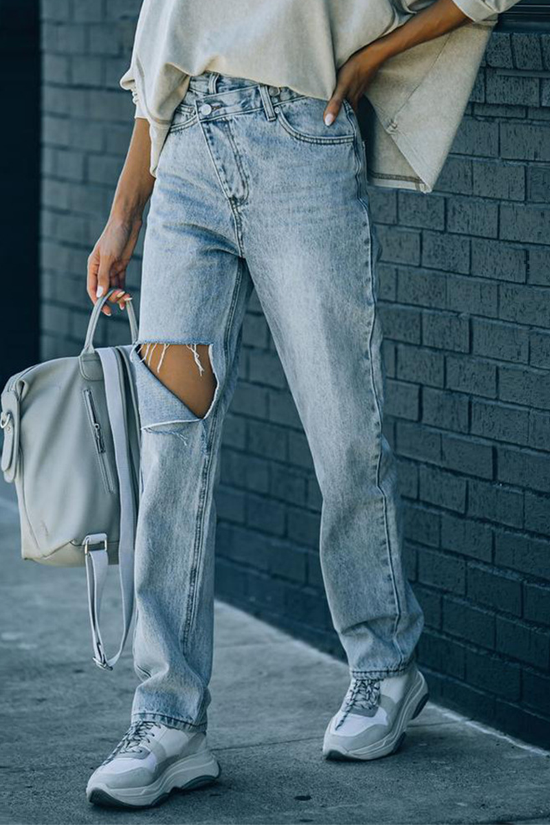 Casual Solid Ripped Straight Denim Jeans - Fashionpara