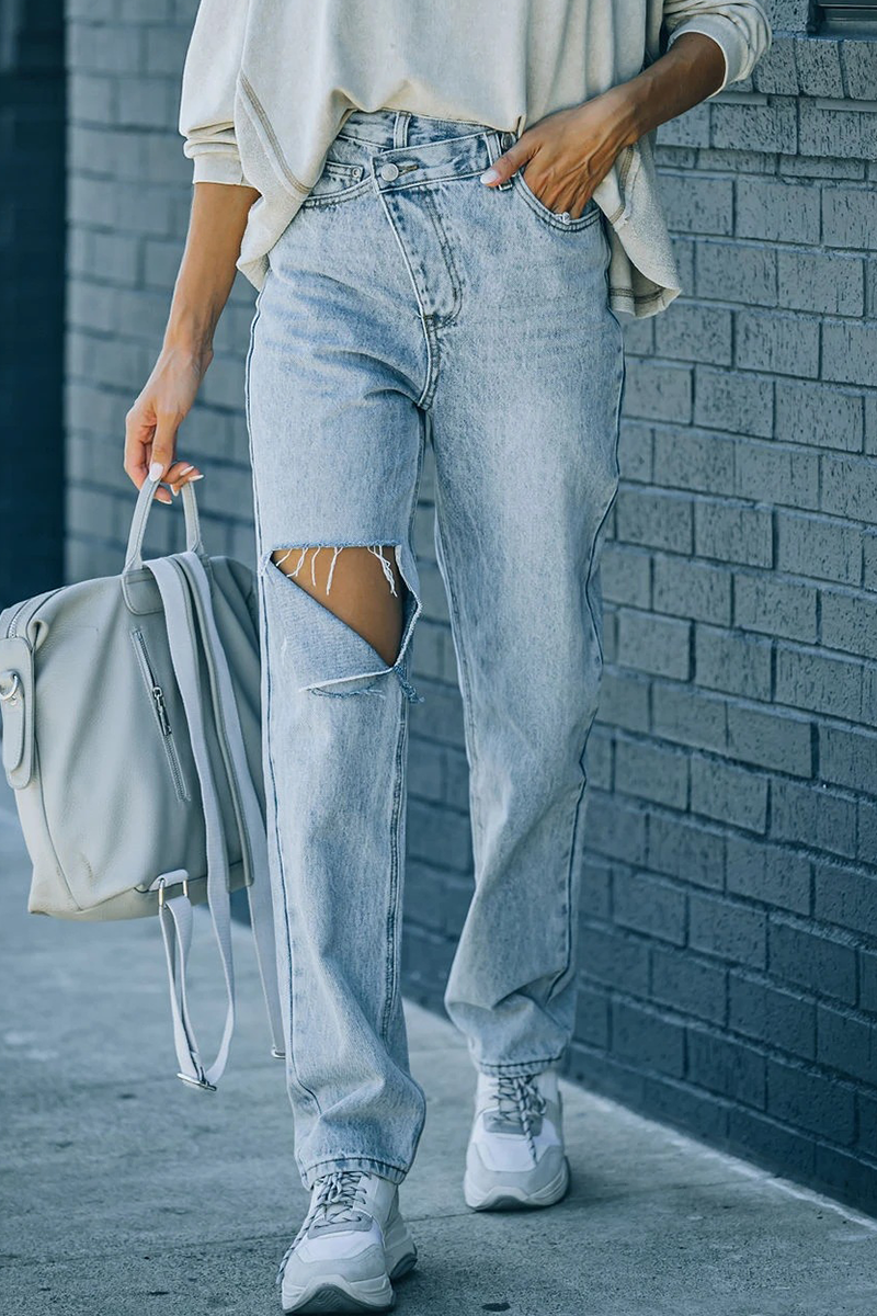 Casual Solid Ripped Straight Denim Jeans - Fashionpara