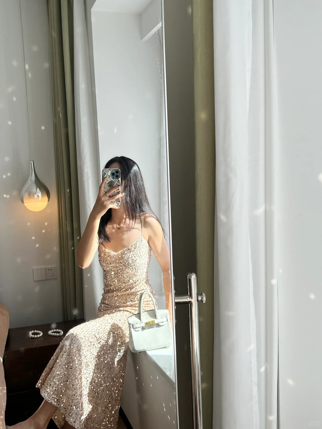 Elegant Champagne Gold Mermaid Halter V-neck Sequined Long Prom Dress Evening Dress P4166