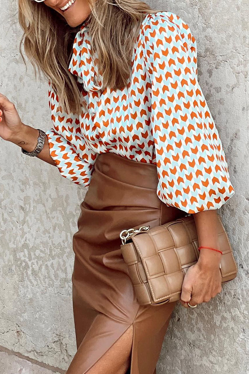 Casual Print Patchwork Ribbon Collar Blouses - Fashionpara