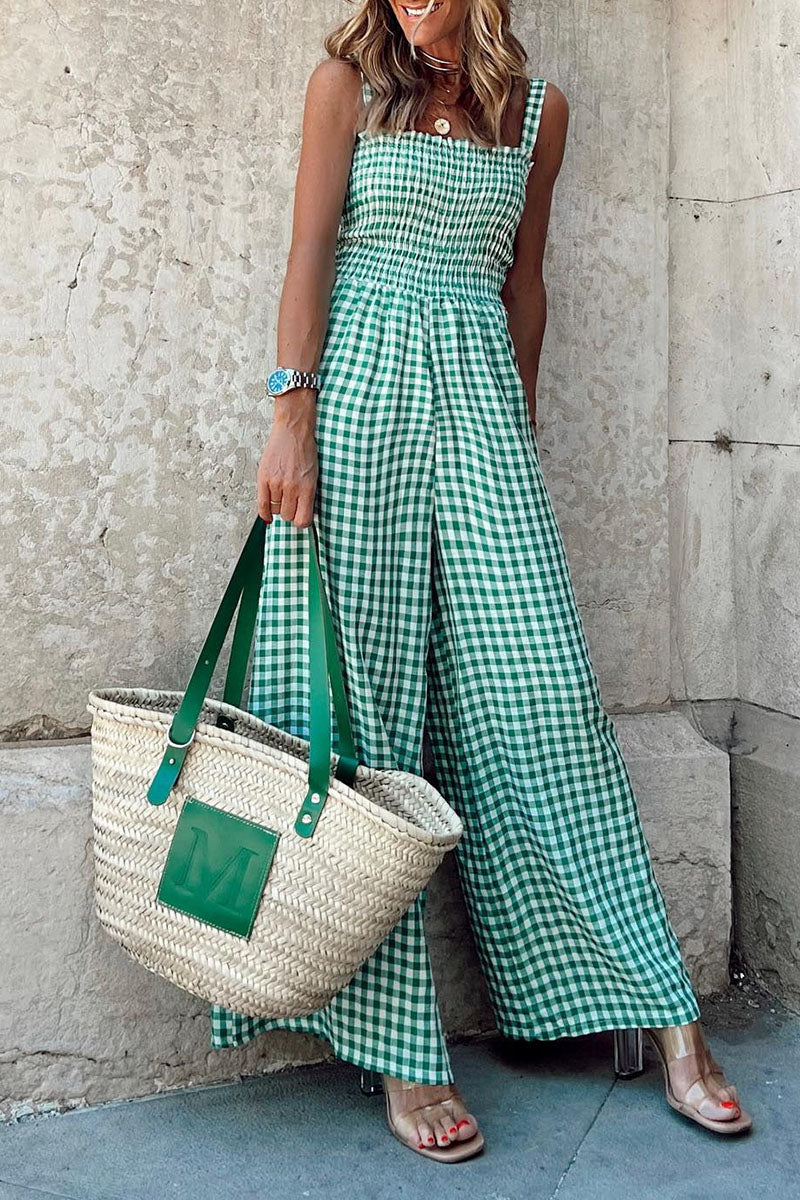Casual Plaid Print Patchwork Spaghetti Strap Straight Jumpsuits(4 Colors) - Fashionpara
