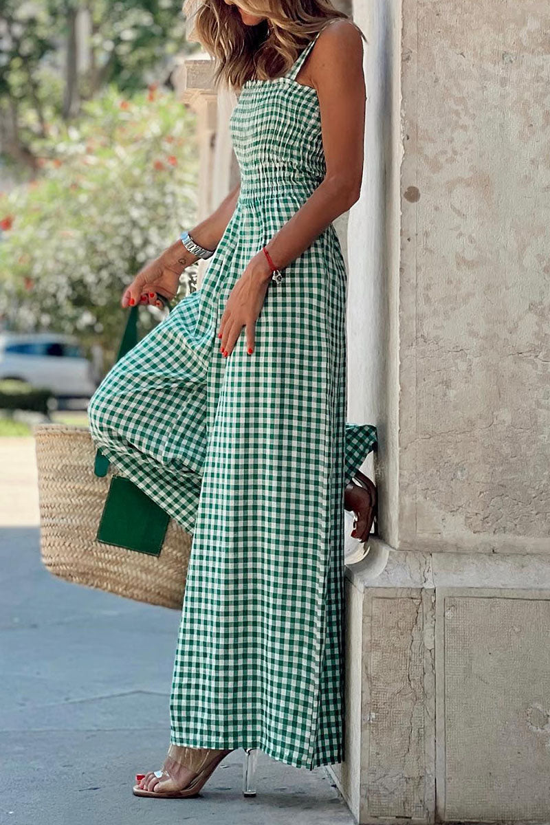 Casual Plaid Print Patchwork Spaghetti Strap Straight Jumpsuits(4 Colors) - Fashionpara