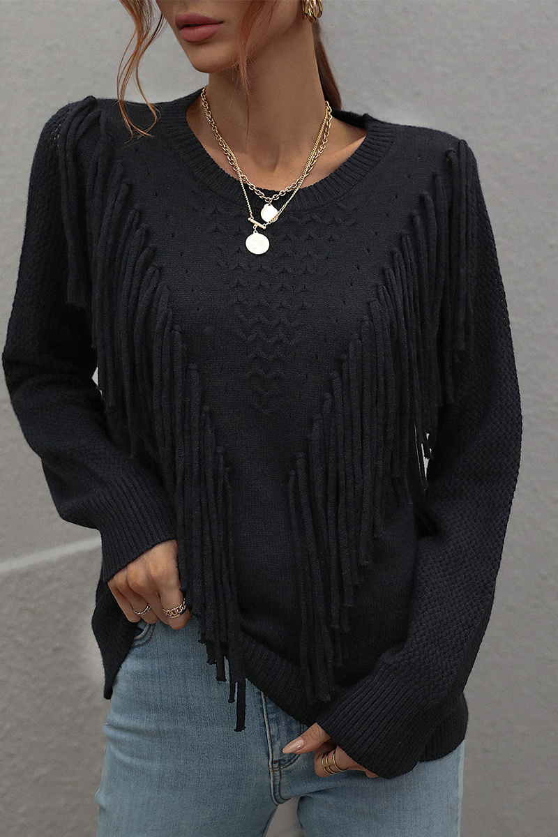 Florcoo Solid Tassel O Neck Sweater - Stylish Patchwork Design