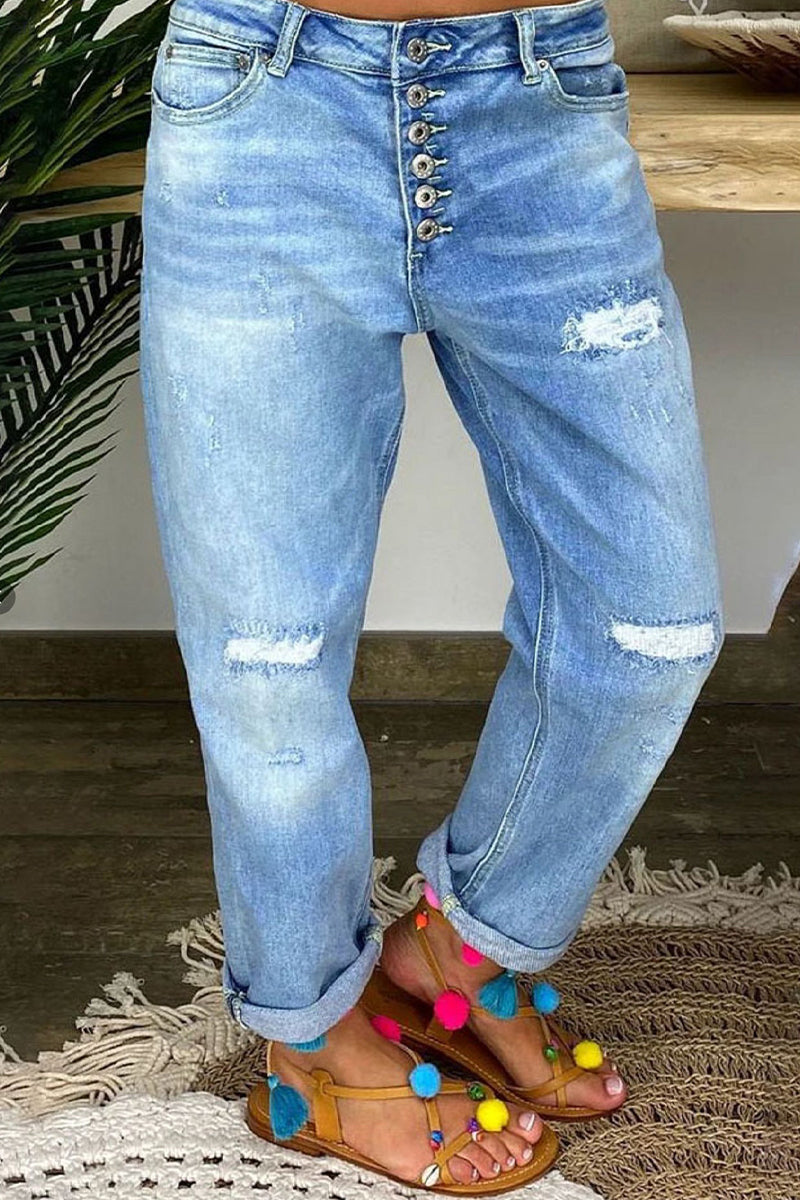 Fashion Street Patchwork Ripped High Waist Denim Jeans - Fashionpara