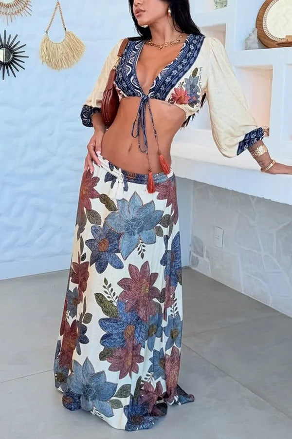 Unique Printed V-Neck Tie Cropped Top and Elastic Waist Casual Maxi Skirt Set - Fashionpara