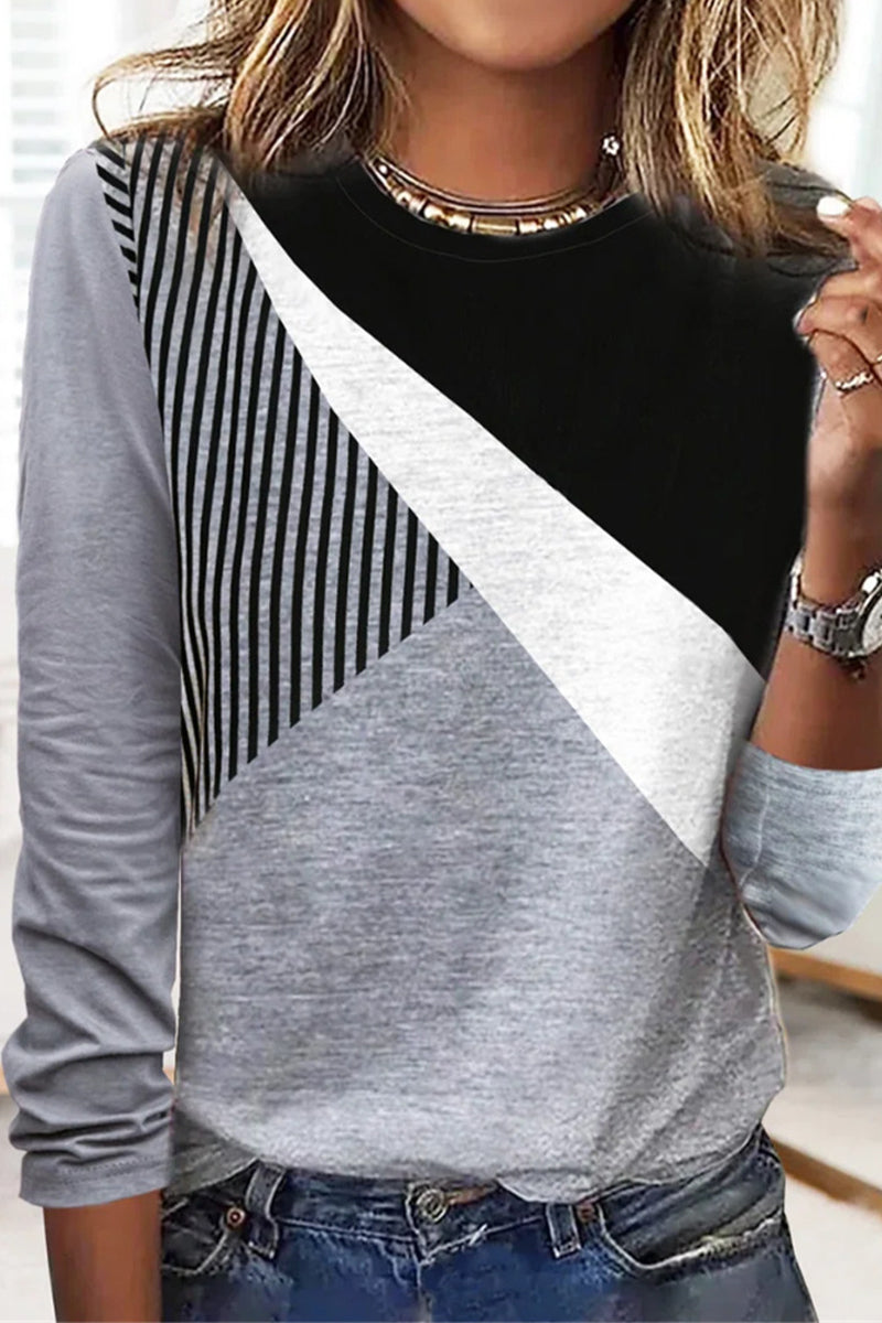 Fashion Print Contrast O Neck Tops(3 Colors) - Fashionpara