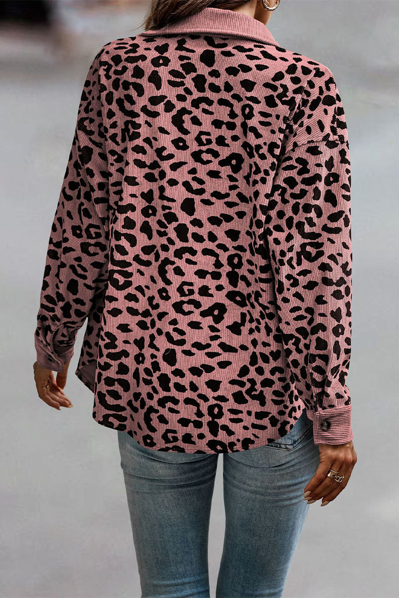 Casual Sweet Leopard Pocket Turndown Collar Tops - Fashionpara