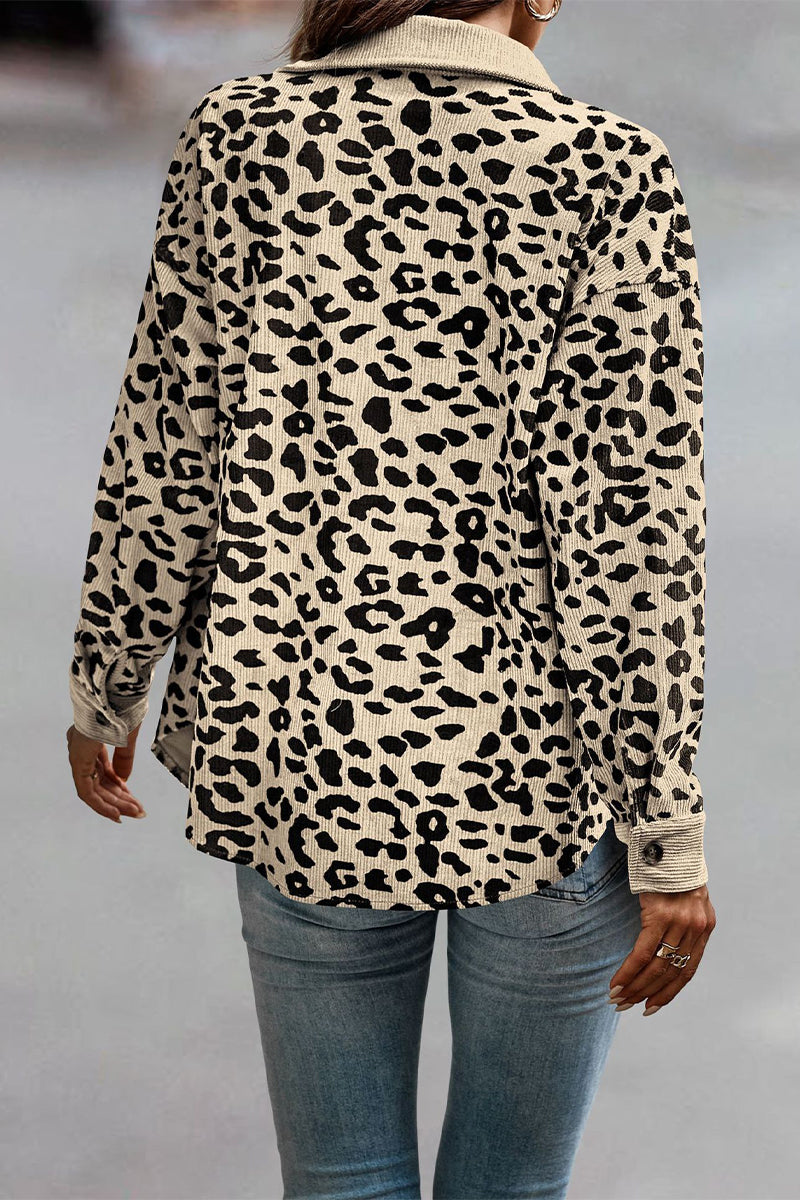 Casual Sweet Leopard Pocket Turndown Collar Tops - Fashionpara