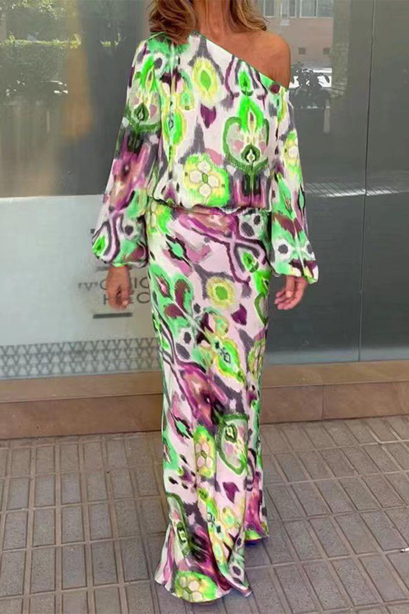 Elegant Print Printing Oblique Collar Long Sleeve Two Pieces(7 Colors) - Fashionpara