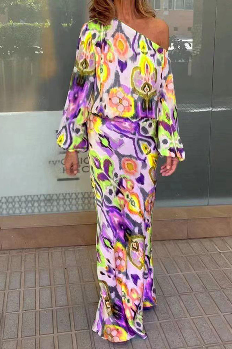 Elegant Print Printing Oblique Collar Long Sleeve Two Pieces(7 Colors) - Fashionpara