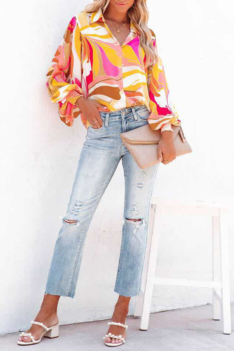 Casual Print Patchwork Buckle Turndown Collar Blouses - Fashionpara